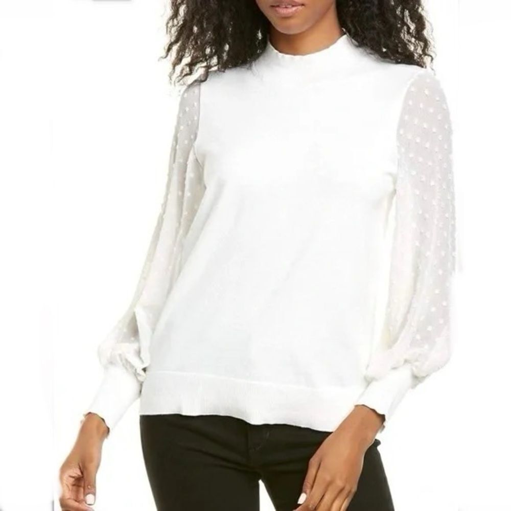 NWOT CeCe Antique White Mock-Neck Sheer Long Clip Sleeves Sweater Size XS